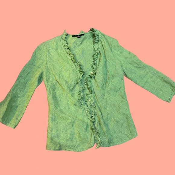 90s Perri Cutten VNTG Green Linen Cardigan Ruffle Trim Size 8 - Picture 1 of 5